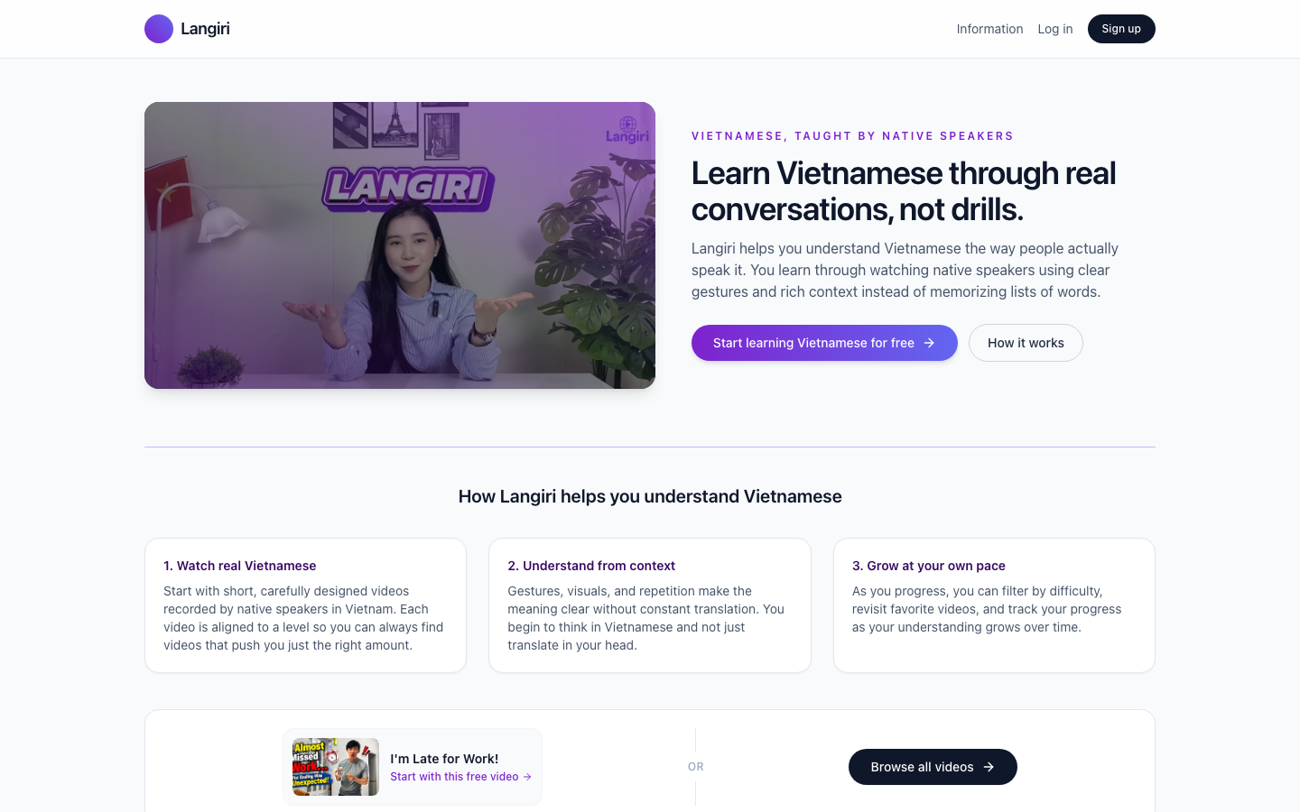Langiri homepage showing Vietnamese learning videos